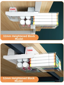 Detail of under-desk drawer organizers showing 32mm and 52mm height extension modules