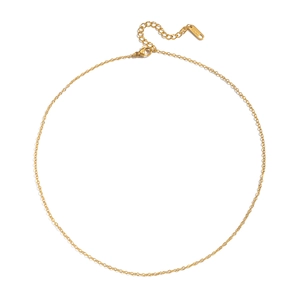 Detail of gold thin chain necklace with lobster clasp and S.Steel engraved tag