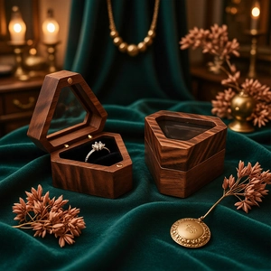 Vintage wooden jewelry box set for rings on green velvet with decorative dried flowers