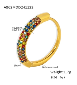 Macro detail of 18K gold plated stainless steel ring with colorful zircon stones