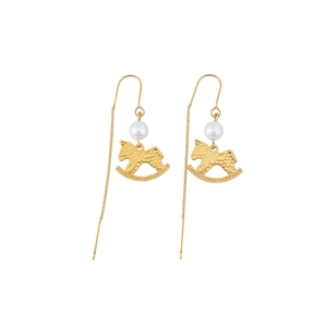 Elegant gold rocking horse drop earrings with pearls and textured honeycomb finish