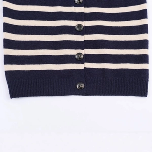 Navy and beige striped knit cardigan with button closure and ribbed hem detail