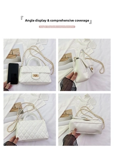 Multi-angle views of white quilted crossbody bag with gold chain and turn-lock closure