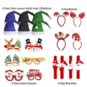 Christmas party set with assorted hats, reindeer antlers, headbands, and festive glasses