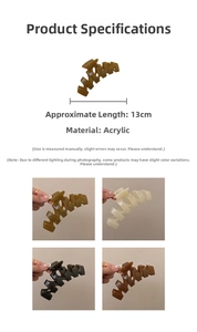 Close-up of 13cm acrylic hair claw clips in four colors with precise size measurements