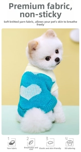 Detail of teal and white knit dog sweater with large heart pattern and 3D cut