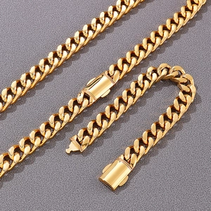 Classic 18K gold plated titanium steel Cuban link chain necklace and bracelet set for men