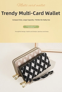 Detail of woven texture long wallets with gold zippers and detachable wrist straps