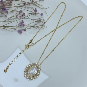 Guadalupe mother of pearl portrait necklace with gold beads chain and pearl border