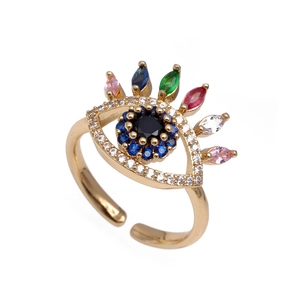 Bague ajustable Evil Eye dorée avec cils en zircon coloré et cristal bleu