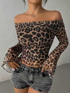 Top À Manches Longues À Épaules Dénudées Imprimé Léopard Femme Sexy Slim Fit Crop Tulle Maille Streetwear