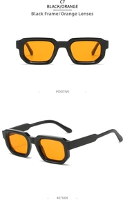 Vertical product views of rectangular thick frame sunglasses in black with orange lenses