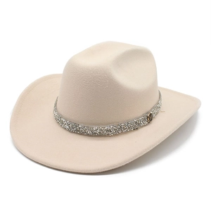 Detailed macro view of beige felt fedora featuring a rhinestone belt and metal M logo buckle
