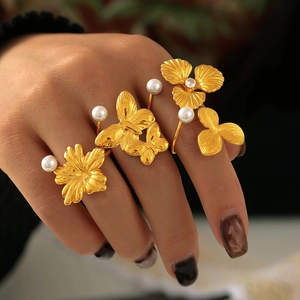 18K gold plated titanium flower and butterfly rings set with pearls for women