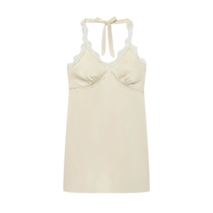 Elegant champagne satin halter dress with V-neck lace trim and silky fabric finish
