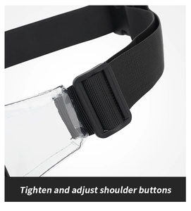 Macro shot of adjustable black nylon strap and plastic buckle on transparent PVC bag