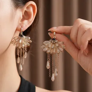 Zircon fan-shaped crystal tassel earrings with champagne stones and gold chain fringe