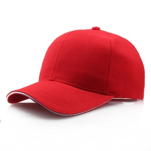 Classic red baseball cap with white piping on the curved brim and six-panel structure