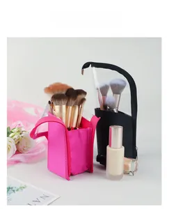 Trousse à pinceaux de maquillage verticale avec maille étanche et fenêtre PVC en rose et noir
