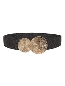 Women's black elastic woven belt with decorative golden round textured metal buckles