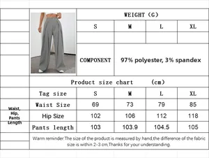 Detailed size chart for gray wide leg trousers showing S to XL measurements in cm