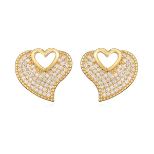 Minimalist gold-plated heart stud earrings with sparkling cubic zirconia on white background