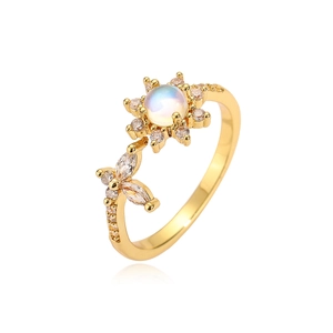 Elegant 18K gold plated flower ring with opal gemstone and zircon accents on white background