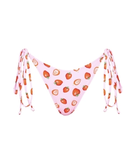 Detail of pink strawberry print bikini bottom with adjustable side ties and soft fabric