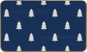 Detail of blue Christmas rug showing white knit-texture pine trees and gold hemmed edges