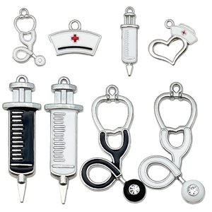 Medical charm set featuring 8 metal nurse hat and stethoscope pendants for DIY jewelry