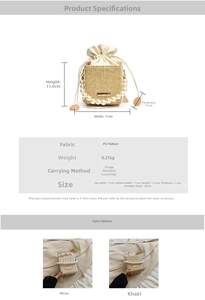 Detailed view of woven bucket bag with pearl handle and PU straw material specs