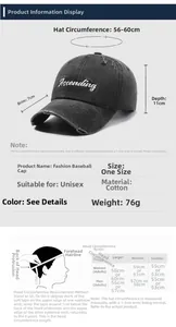 Size chart for washed cotton baseball cap with letter embroidery and distressed details