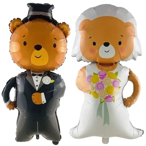 Groom and bride bear foil balloons for wedding ceremony and romantic party decorations