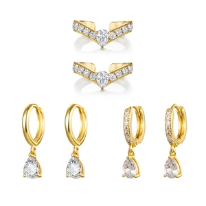 Gold water drop earring set with zircon V-shaped ear cuffs and hoop dangles