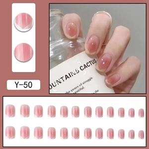 Short square pink blush gradient press-on nails with white V-shape French tips 24pcs set