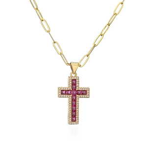 18K gold plated paperclip chain necklace featuring a pink zircon cross pendant on white back