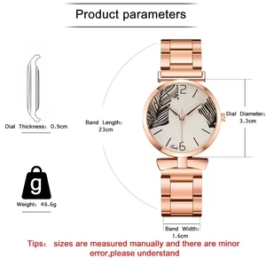 Detailed dimensions of rose gold quartz watch with artistic palm leaf dial pattern