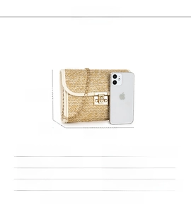 Straw weave crossbody bag showing 18.5x4x14cm size comparison with a smartphone