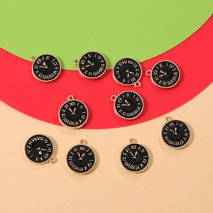 Set of 10 black enamel clock charms with gold metal frames and Roman numerals