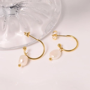 C-Shaped Hoop Earrings With Baroque Artificial Pearl Titanium Steel Post Gold Plated Elegant Drop Dangle For Women