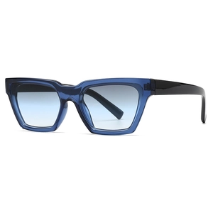 Modern cat-eye sunglasses with transparent dark blue frames and blue gradient lenses