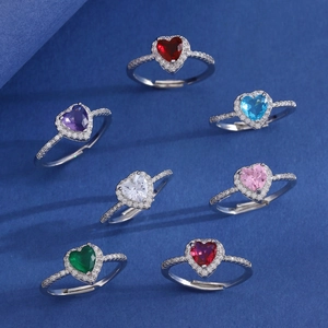 Adjustable silver heart zircon rings in various colors with paved crystals