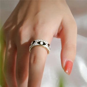 18K gold plated evil eye open ring with white enamel and bohemian eyelash design