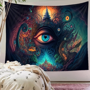 Detail of psychedelic mushroom tapestry with surreal eye pattern for room wall decor