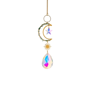 Golden moon suncatcher with green gravel, crystal star and rainbow prism for window hanging