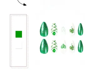 Detail of St. Patrick's Day press-on nails with green glitter and clover designs