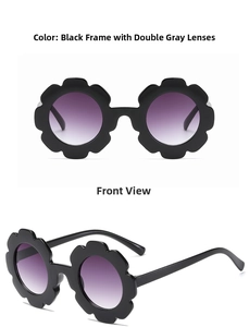 Detailed views of flower-shaped children's sunglasses with black frames and purple lenses