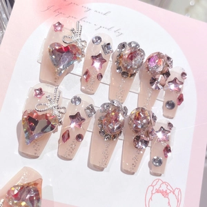 Handmade Pink Nude Press On Nails With Large Rhinestones Heart Star Bow Coffin Shape Artificial Fingernails