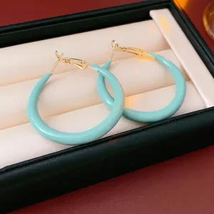 Créoles Vert Menthe Émail Cuivre Rond Chic Minimaliste Mode Pour Femmes Avec Tige De Boucle D'oreille En Argent