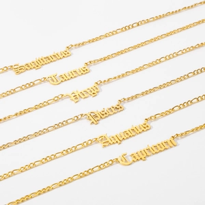 18K gold plated stainless steel zodiac name pendant necklaces with Figaro chain style